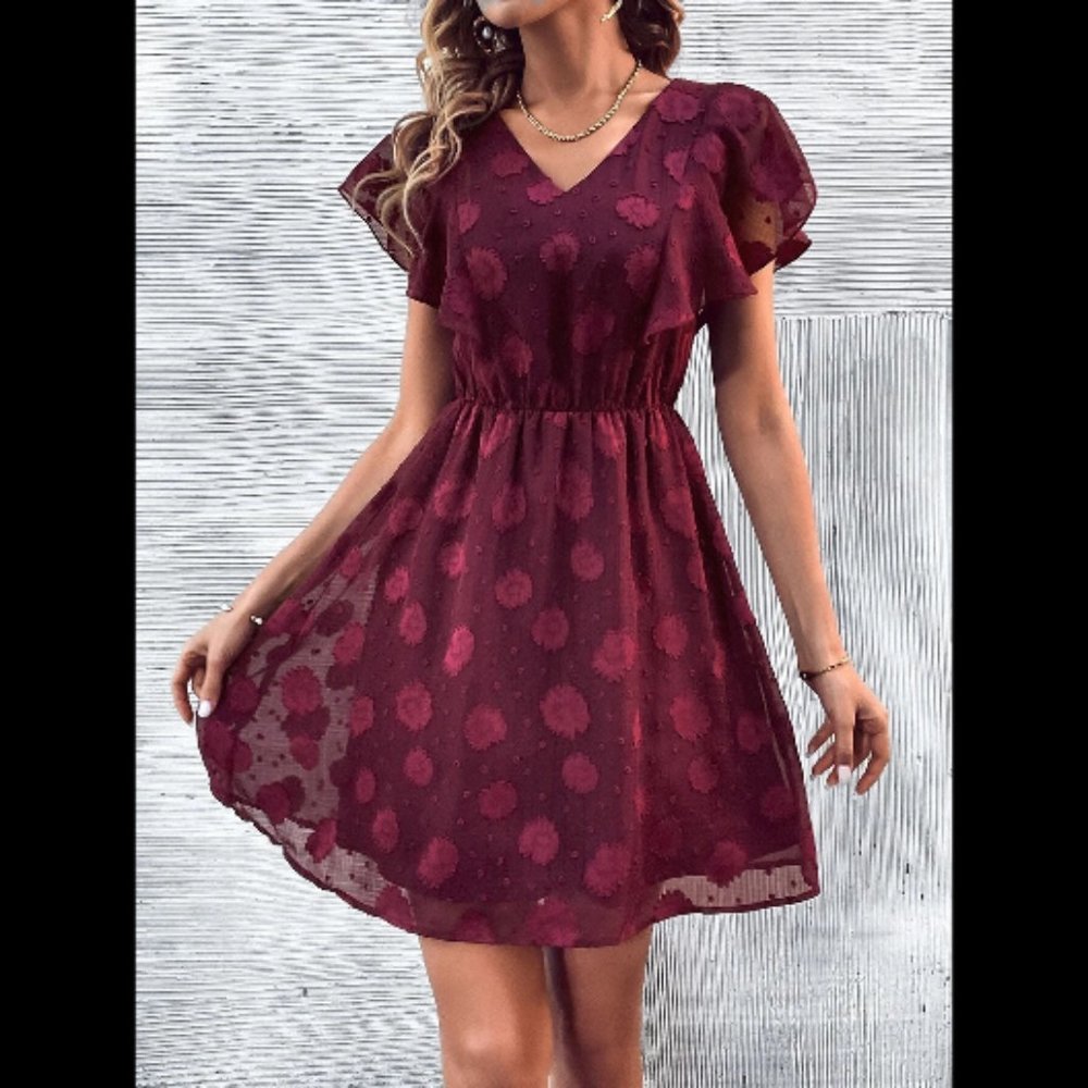 Burgundy Dot Dress NEW Butterfly Sleeve Spring Summer boho fashion trend size L
